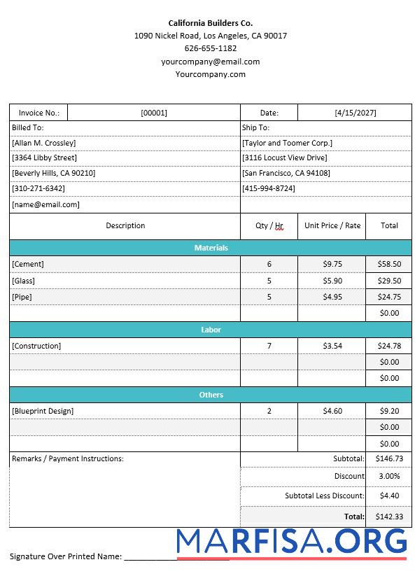 Realistic Professional Construction Invoice Template
